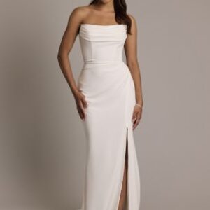 David’s Bridal Sculpted Cowl Sheath Marriage ceremony Costume in Stretch Crepe